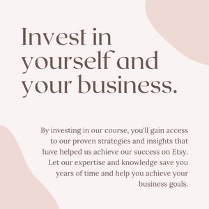 K&ouml;nnte beinhalten: Investiere in dich selbst und dein Gesch&auml;ft. Indem du in unseren Kurs investierst, erh&auml;ltst du Zugang zu unseren bew&auml;hrten Strategien und Erkenntnissen, die uns zum Erfolg auf Etsy verholfen haben. Lass unsere Expertise und unser Wissen dir Jahre Zeit sparen und dir helfen, deine Gesch&auml;ftsziele zu erreichen.