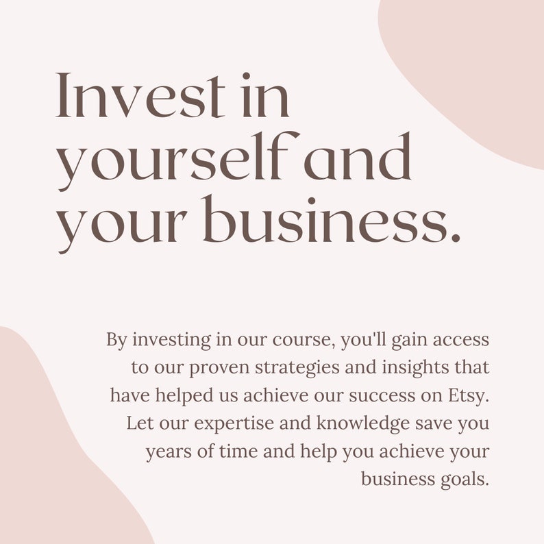 K&ouml;nnte beinhalten: Investiere in dich selbst und dein Gesch&auml;ft. Indem du in unseren Kurs investierst, erh&auml;ltst du Zugang zu unseren bew&auml;hrten Strategien und Erkenntnissen, die uns zum Erfolg auf Etsy verholfen haben. Lass unsere Expertise und unser Wissen dir Jahre Zeit sparen und dir helfen, deine Gesch&auml;ftsziele zu erreichen.