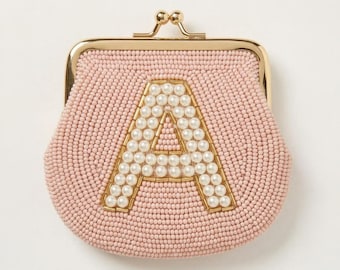 Personalized Beaded Coin Purse with Pearl Initial, Custom Blush Pink Monogram Pouch, Vintage Style Kiss Lock Bridal Keepsake Wallet