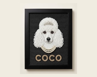 Personalized Beaded Poodle Wall Art Framed Pet Portrait, White Dog with Pearl Necklace and Crystal Tiara, Custom Beaded Dog Name Art