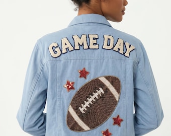 Custom Beaded Denim Jacket with Baseball Name and Number, Personalized Game Day Jersey Jacket, Hand Beaded Team Number Jean Jacket