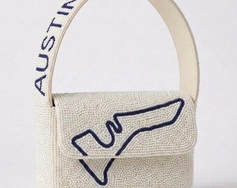 Austin Racing Beaded Shoulder Bag, White Motorsport Purse, Track Outline Handbag, Formula Racing Gift Idea, Race Day Statement Purse for Her