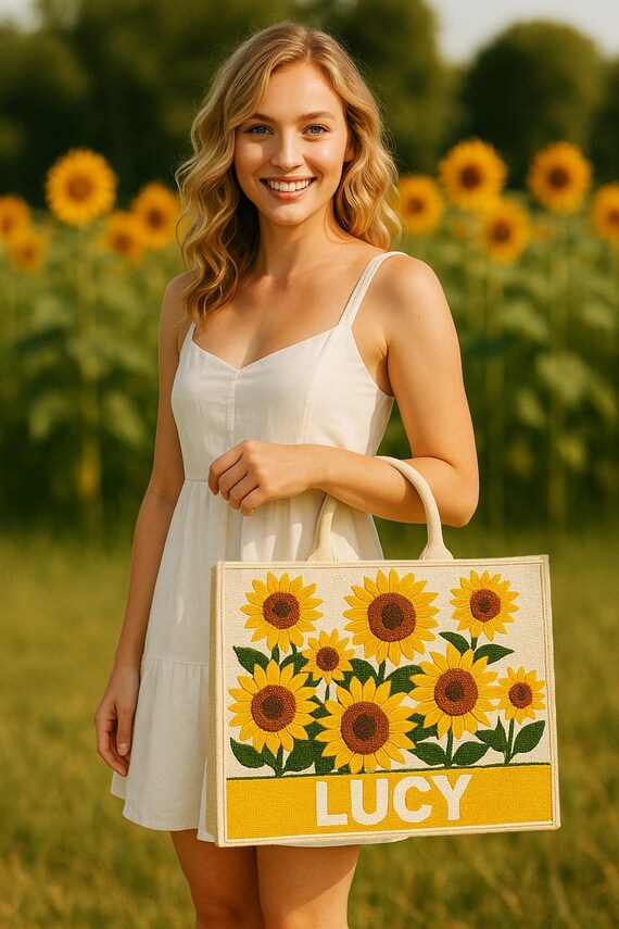Beaded Sunflower Tote Bag, Custom Sunflower Handbag, Personalized Floral Tote, Customized Sunflower Tote Bag, Yellow Wildflower Flower Totes