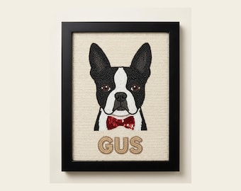Personalized Boston Terrier Framed Wall Art, Hand Beaded Dog Portrait with Bowtie, Custom Pet Name Beaded Artwork, Dog Lover Keepsake Gift