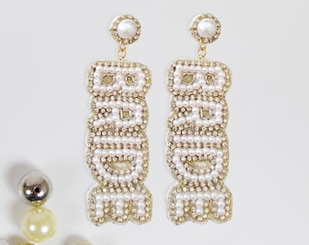 Gold Bride Earrings, Wedding Earrings, Bachelorette Earrings, Bridal Shower Earrings, Seed Bead Earring, Beaded Earrings, Bride Earring Gift