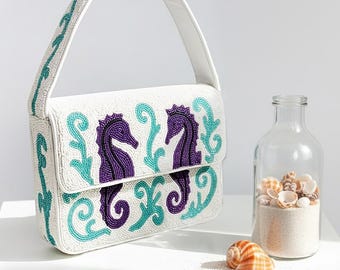 Seahorse Beaded Bag, Custom Summer Clutch, Beach Party Purse, Pink and Green Bag, Handmade Seahorse Purses, Coastal Seahorse Themed Handbags