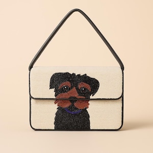 Custom Pet Illustration Bag, Vibrant Pet Lover Shoulder Bag, Playful Pet Gift Purse, Red Animal Art Handbag, Beaded Pet Design Shoulder Bags