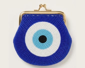Beaded Evil Eye Coin Purse with Monogram, Handmade Kiss Lock Pouch, Personalized Glass Seed Bead Mini Wallet, Custom Trinket Purse
