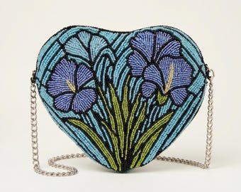 Stained Glass Purses, Beaded Heart Bags, Art Deco Floral Crossbody Bag, Handmade Beaded Stained Glass Purses, Blue Iris Statement Clutch Bag
