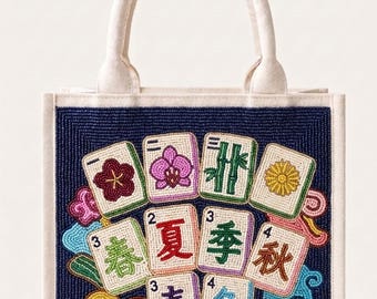 Navy Blue Mahjong Beaded Tote Bags, Handmade Tile Handbag, Asian Inspired Purse, Game Night Gift For Her, Unique Statement Fashion Accessory