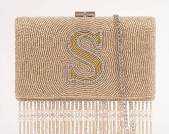 Custom Beaded Monogram Clutch with Fringe, Personalized Bridal Evening Bag, Champagne Initial Purse with Pearl and Crystal Beading