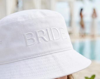 Personalized Bride Bucket Hat White Embroidered Bridal Sun Hat Custom Wedding Hat Bachelorette Party Accessory Bride To Be Gift Idea for Her
