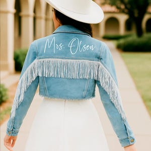 Blue Fringe Denim Jacket, Custom Denim Jacket, Bridal Denim Jacket, Bridal Jean Jacket, Bachelorette Party Denim Jacket, Custom Jacket Gifts