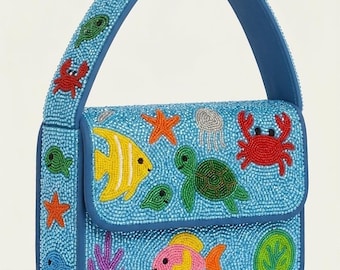 Blau Sea Clutch, Pailletten Strand Geldbörse, Ocean Animal Tasche, Tropische Perlen Clutch, Unter der Seetasche, Crab Schildkröte Geldbörsen, Meerjungfrau Thema Handtaschen