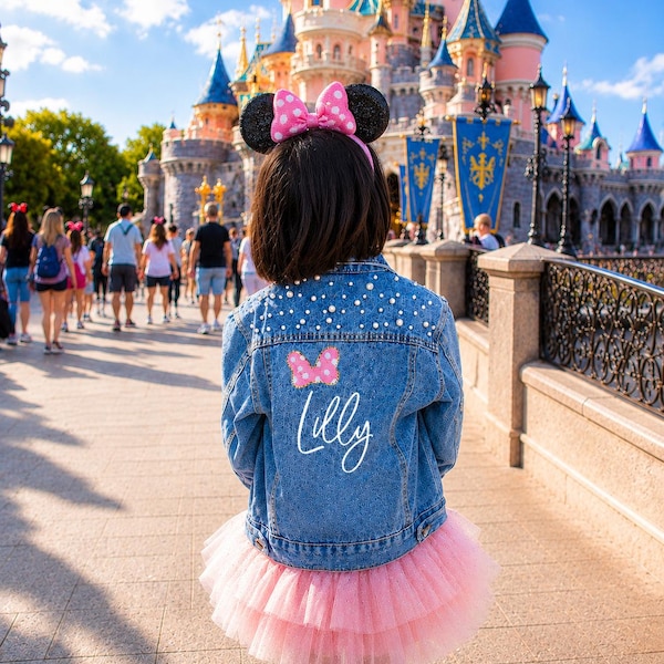 Girls Pearl Denim Jacket with Custom Name, Personalized Blue Jean Jacket for Toddlers and Kids, Birthday Gift