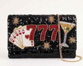 Vegas 777 Beaded Clutch Purse, Lucky Casino Night Crossbody Bag, Personalized Hand Beaded Evening Bag with Cards Martini Detachable Chain