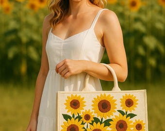 Perlen Sonnenblume Tragetasche, Kundenspezifische Sonnenblumenhandtasche, personalisierte Blumentasche, Kundenspezifische Sonnenblumen-Einkaufstasche, gelbe Wildblumen-Blumen-Taschen