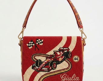 Personalized Race Car Beaded Shoulder Bag, Red Racing Purse, Custom Name Handbag, Checkered Flag Crossbody, Motorsport Gift, Race Day Bag XL