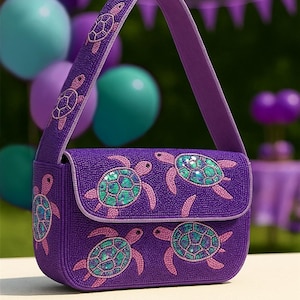 Beaded Sea Turtle Bag, Turtle Shoulder Purse, Handmade Beaded Clutch, Ocean Animal Bag, Sea Life Beaded Purse, Purple Beaded Bag, Turtle Bag