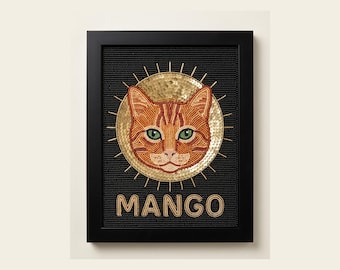 Custom Beaded Cat Portrait Wall Art, Personalized Orange Tabby Pet Memorial in Matte Black Frame, Hand Embroidered Cat Lover Gift