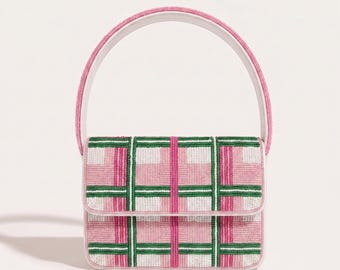 Pink Plaid Beaded Shoulder Bag, Preppy Purse, Handmade Seed Bead Handbag, Top Handle, Pink Green Checkered, Gift for Her, Fashion Accessory.
