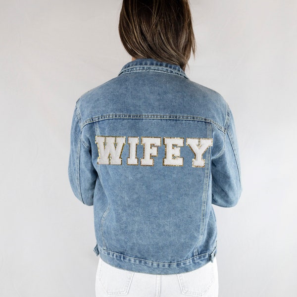 Blue Custom Bridal Jean Jacket, Patch Denim Jacket, Custom Patch Denim Jacket, Custom Mrs Patch for Jackets, Custom Name Patch Denim Jackets