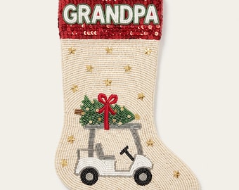 Personalized Beaded Christmas Stocking with Name, Custom Golf Cart Holiday Stocking, Hand Beaded Golf Mantle Decor for Golfer Grandpa