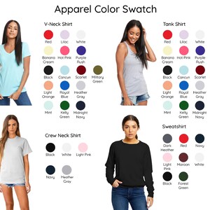 The image is a color swatch featuring various apparel items, including a V-neck shirt, a tank top, a crew neck shirt, and a sweatshirt. The swatch includes different color options for each item, such as red, white, blue, purple, and green.