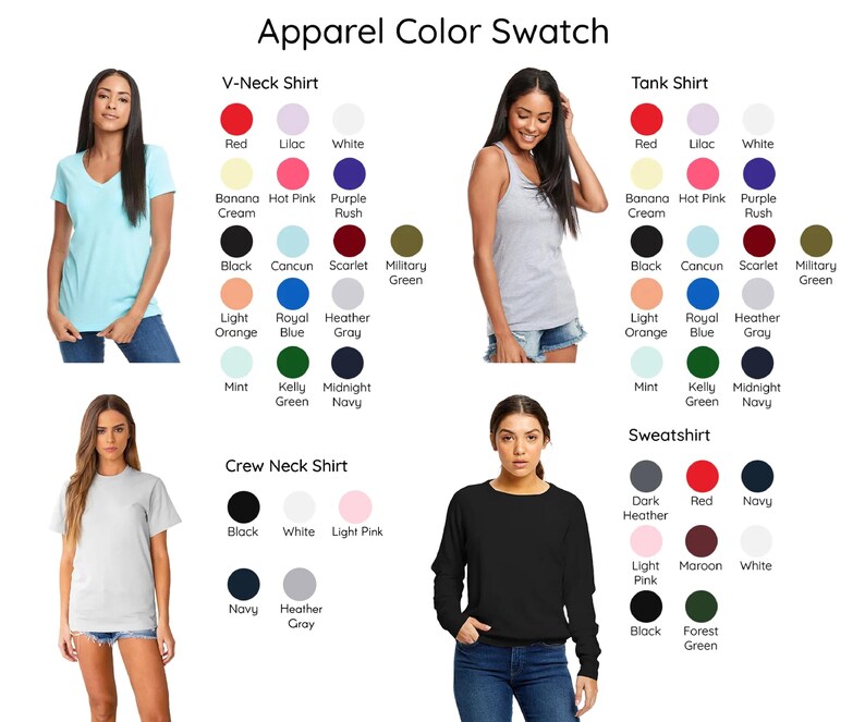 The image is a color swatch featuring various apparel items, including a V-neck shirt, a tank top, a crew neck shirt, and a sweatshirt. The swatch includes different color options for each item, such as red, white, blue, purple, and green.