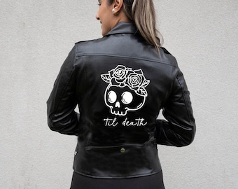 Schwarze Kunstlederjacke, Brautlederjacke, Junggesellinnenabschied Lederjacke, Brautjacken, Bis Death Lederjacke, Gothic Hochzeit