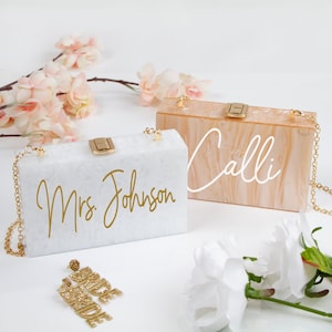 Acrylic Box Clutch for Brides, Marbled Acrylic Box Clutch, Custom Bachelorette Party Acrylic Box Clutch, Personalized Acrylic Box Clutch-LP