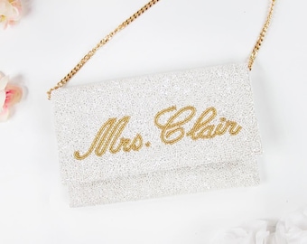 Custom Name Clutch Bag, Personalized Clutch Purse, Custom MRS Clutch Bag, Seed Bead Clutch Bag, Beaded Clutch Purse for Bride, Purse (LHFC)