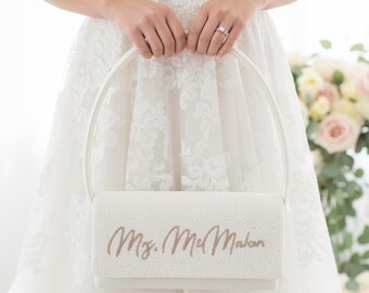 Custom Wedding Clutch, Personalized Bridal Clutch, Bride Name Clutch Bag, Mrs Last Name Shoulder Purse, Bridal Shoulder Purse Custom Clutch