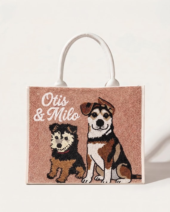 Custom Pet Beaded Tote, Personalized Dog Tote Bags, Custom Cat Beaded Bags, Pet Portrait Tote Bags, Hand Beaded Pet Bag, Custom Dog Mom Tote