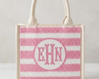 Personalized Pink Golf Mini Tote Bag, Beaded Monogram Canvas Purse, Custom Initial Golf Gift For Women, Preppy Pink Tote Bag, Gift, Everyday