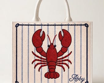 Lobster Beaded Tote Bag, Coastal Tote Bags, Personalized Lobster Bag, Nautical Tote Purse, Lobster Purse, Beach Tote Bags, New England Totes