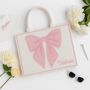 Pink Ribbon Beaded Tote Bag, Custom Name Beaded Tote, Personalized Beaded Tote Bag Gifts, Customized Tote Bags, Custom Beaded Tote Bag Gifts
