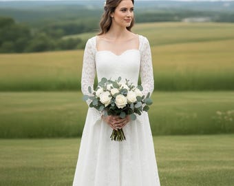 Long Sleeve Lace Wedding Dress, Vintage Inspired Bridal Gown, Modest A Line Wedding Dress, Luxury Elegant Classic Lace Bridal Gown for Women