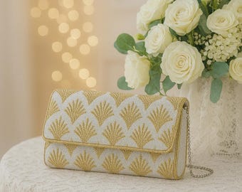 Shell Beaded Clutch, Gold Shell Purse, Ocean Inspired Bag, Bridal Beach Clutch, Handmade Beaded Bags, Art Deco Wedding Bag, Wedding Bag- FOG