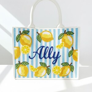Personalized Lemon Tote, Beaded Lemon Bag, Custom Name Tote, Monogram Beaded Bag, Summer Tote Bag, Citrus Tote, Lemon Print Luxury Tote Bags image 2