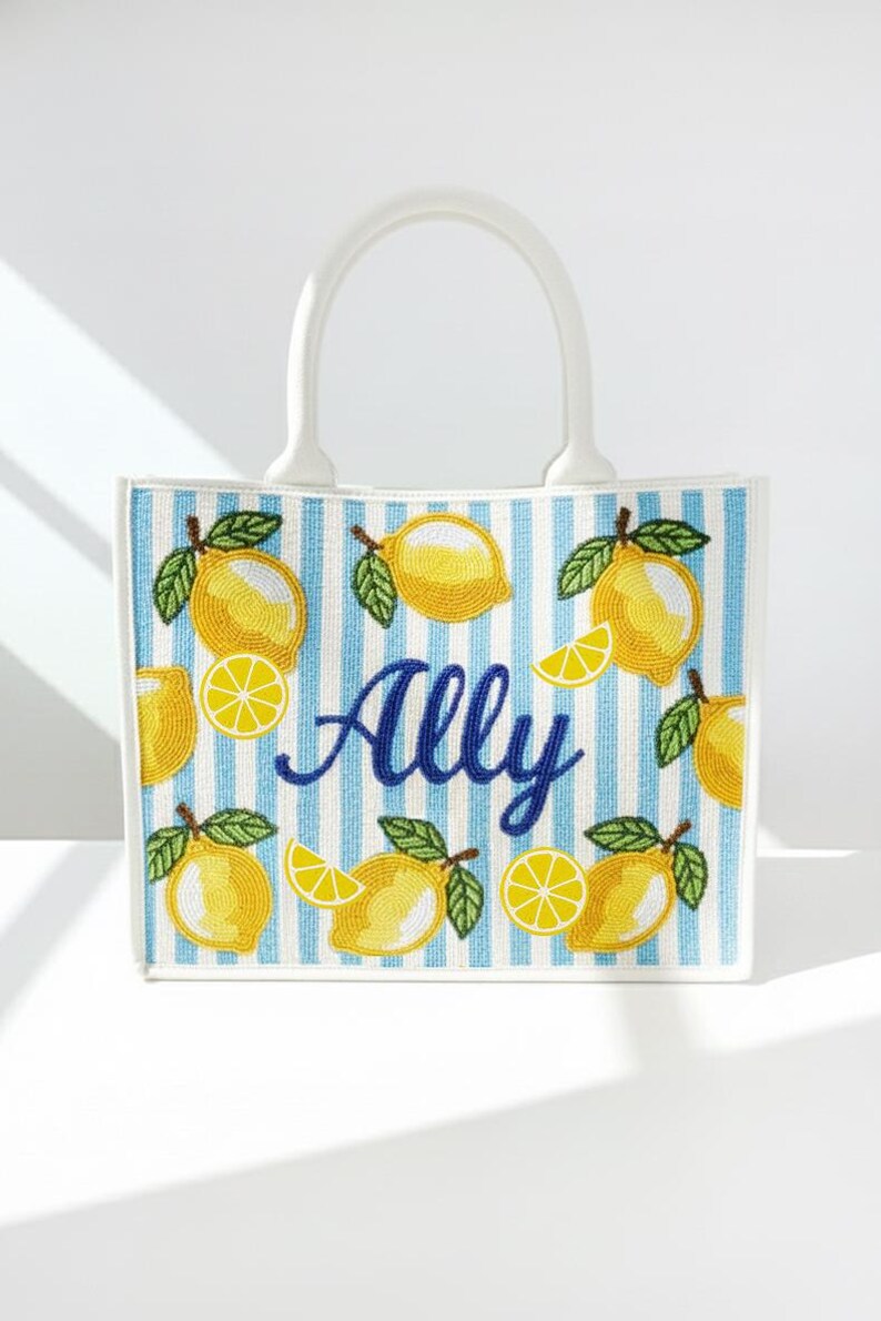 Personalized Lemon Tote, Beaded Lemon Bag, Custom Name Tote, Monogram Beaded Bag, Summer Tote Bag, Citrus Tote, Lemon Print Luxury Tote Bags image 2