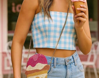Beaded Ice Cream Cone Purse Bag, Ice Cream Cone Bag, Ice Cream Cross Body Bag, Ice Cream Crossbody Shoulder Bag, Ice Cream Foodie Purse Bags