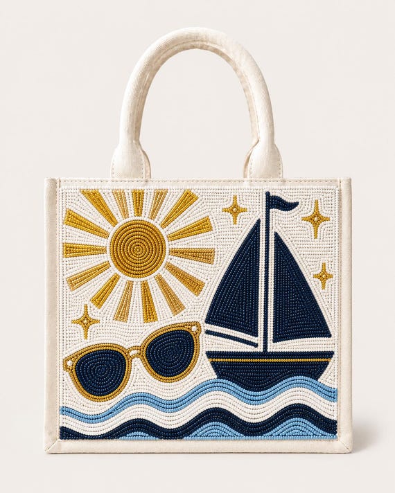 Sailing Tote Bag, Nautical Mini Tote, Beach Beaded Bag, Coastal Tote Bag, Sailboat Purse, Summer Mini Tote, Resort Tote Bag, Ocean Theme Bag