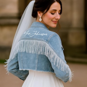 Blue Fringe Denim Jackets, Bride Denim Jacket, Bride Jean Jacket, Bridal Shower Denim Jacket, Bachelorette Fringe Jacket, Custom Jean Jacket