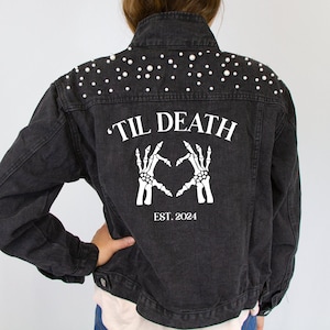 Black Pearl Bridal Denim Jacket Custom Bridal Denim Jacket, Customized Wedding Jean Jacket Personalized Black Denim Jacket