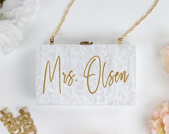 Custom Mrs Last Name Box Clutch, Personalized Marbled Acrylic Box Purse, Personalized Bach Clutch Gifts, Customized Bach Box Clutch Gifts-LP