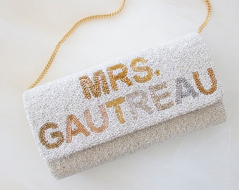 MRS. (LAST NAME) Half Barrel Custom Beaded Clutch – Customized Hand Beaded Clutch, Custom Bride Wedding Day Clutch with Last Name - Fog