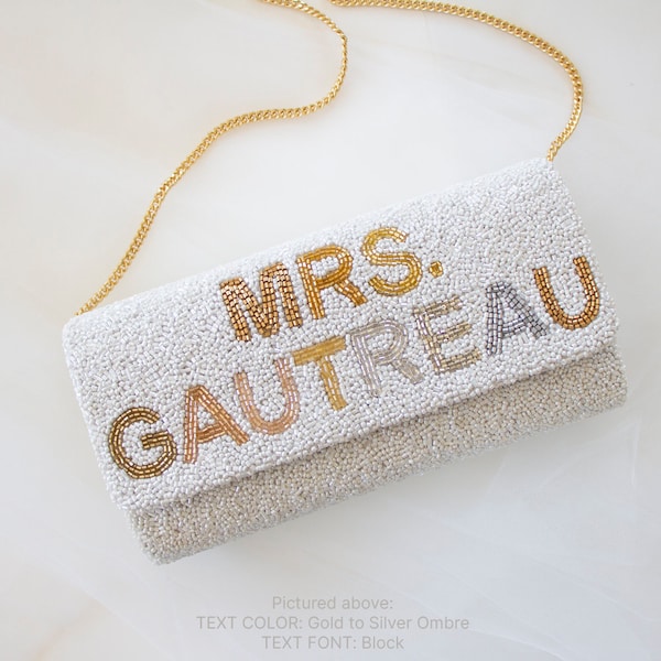 MRS. (LAST NAME) Half Barrel Custom Beaded Clutch – Customized Hand Beaded Clutch, Custom Bride Wedding Day Clutch with Last Name - Fog