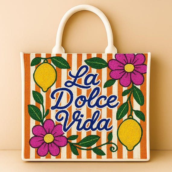 Lemon Tote, La Dolce Vita Bag, Floral Tote, Summer Handbag, Beaded Lemon Tote, Floral Handbag, Italian Bag, Handmade Tote, Tote Gift for Her