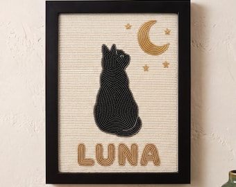 Custom Beaded Cat Wall Art with Name, Black Cat Crescent Moon Framed Art, Personalized Pet Memorial Gift, Hand Beaded Cat Lover Home Decor